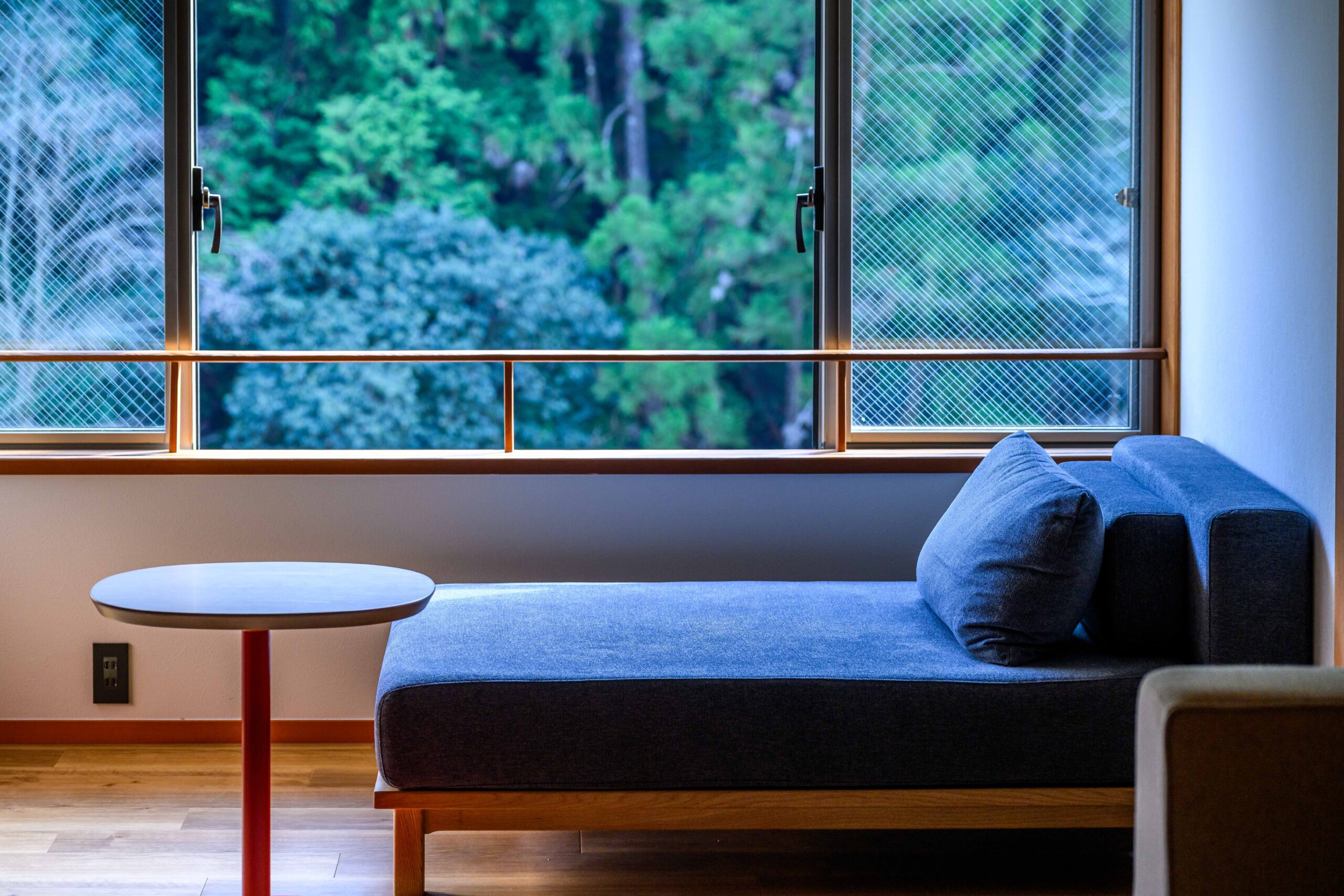 外の景色をゆったりと眺められるよう窓側にソファを配置しておりますので、横になりながら自然の風景をご堪能いただける造りとなっております。